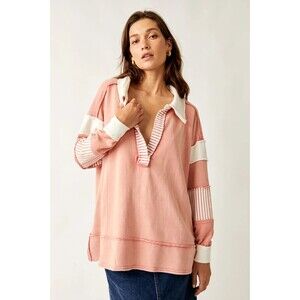 Free People We The Free Clean Prep Polo Pullover Top Oversized Striped XS 281002